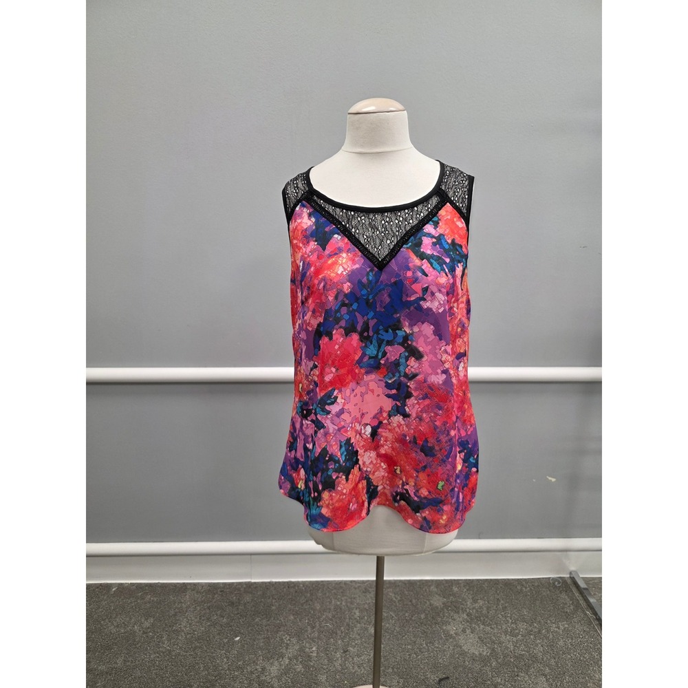 City Chic Womens XS/14 Abstract Floral Lace Yoke Sleeveless Blouse Pink Purple